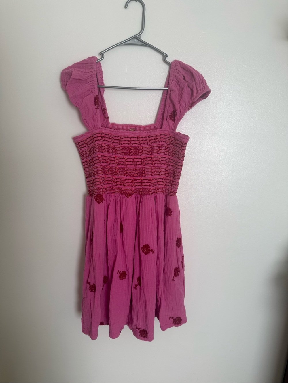 Free People Pink Smocked Sundress with Flower Embroidery